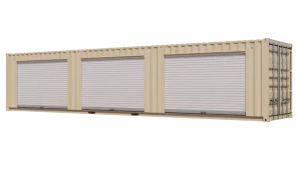40ft New Storage Container w/ Three 8ft Roll-up Doors on Left Side