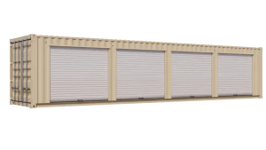 40ft New Storage Container w/ Four 8ft Roll-up Doors on Right Side